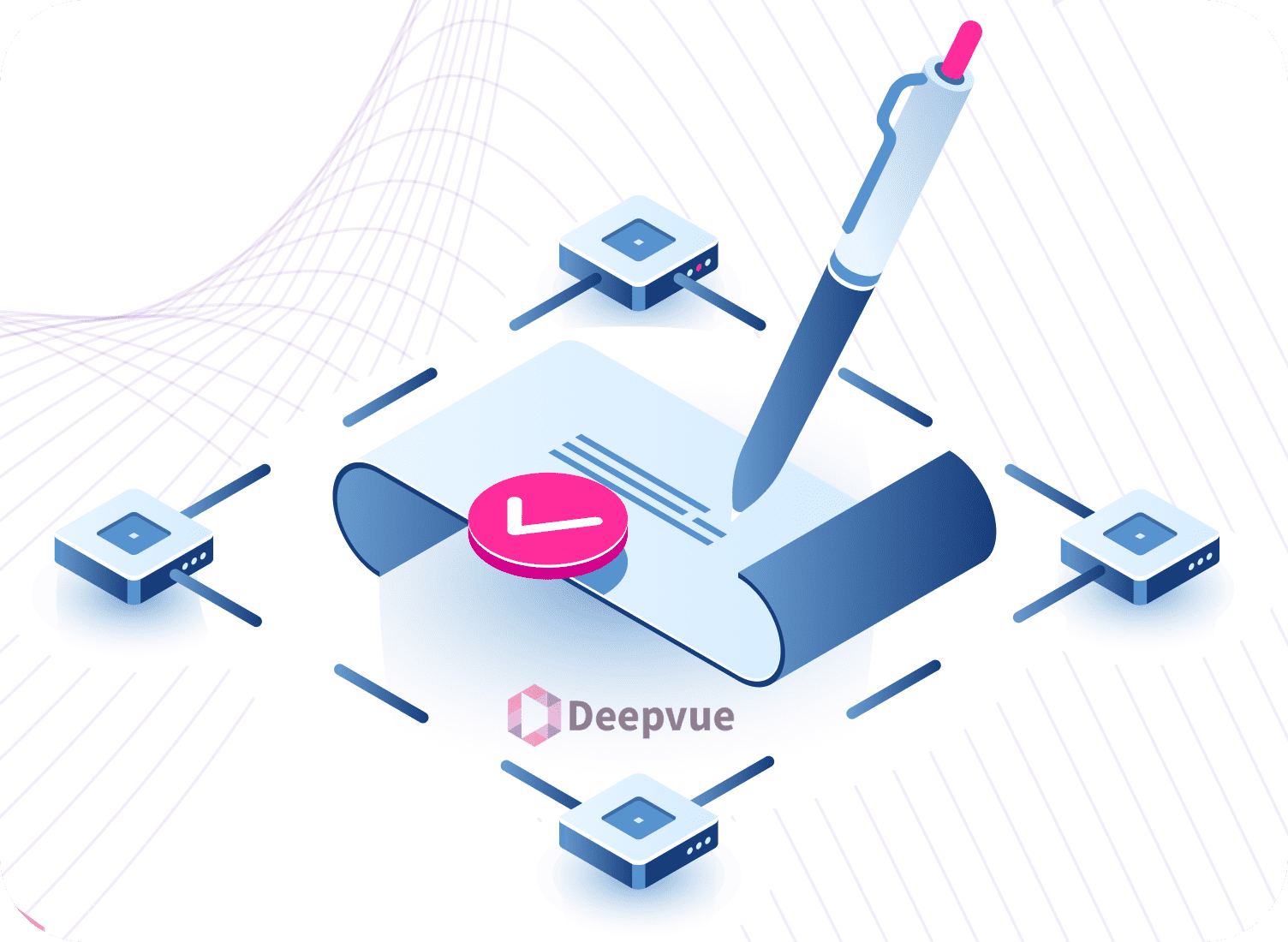 Illustration of a pen signing a digital contract on a table with connected devices. A check mark symbol is on the paper, signifying understanding. Text reads "Deepvue." Abstract lines in the background, offering a nod to innovative solutions inspired by India.