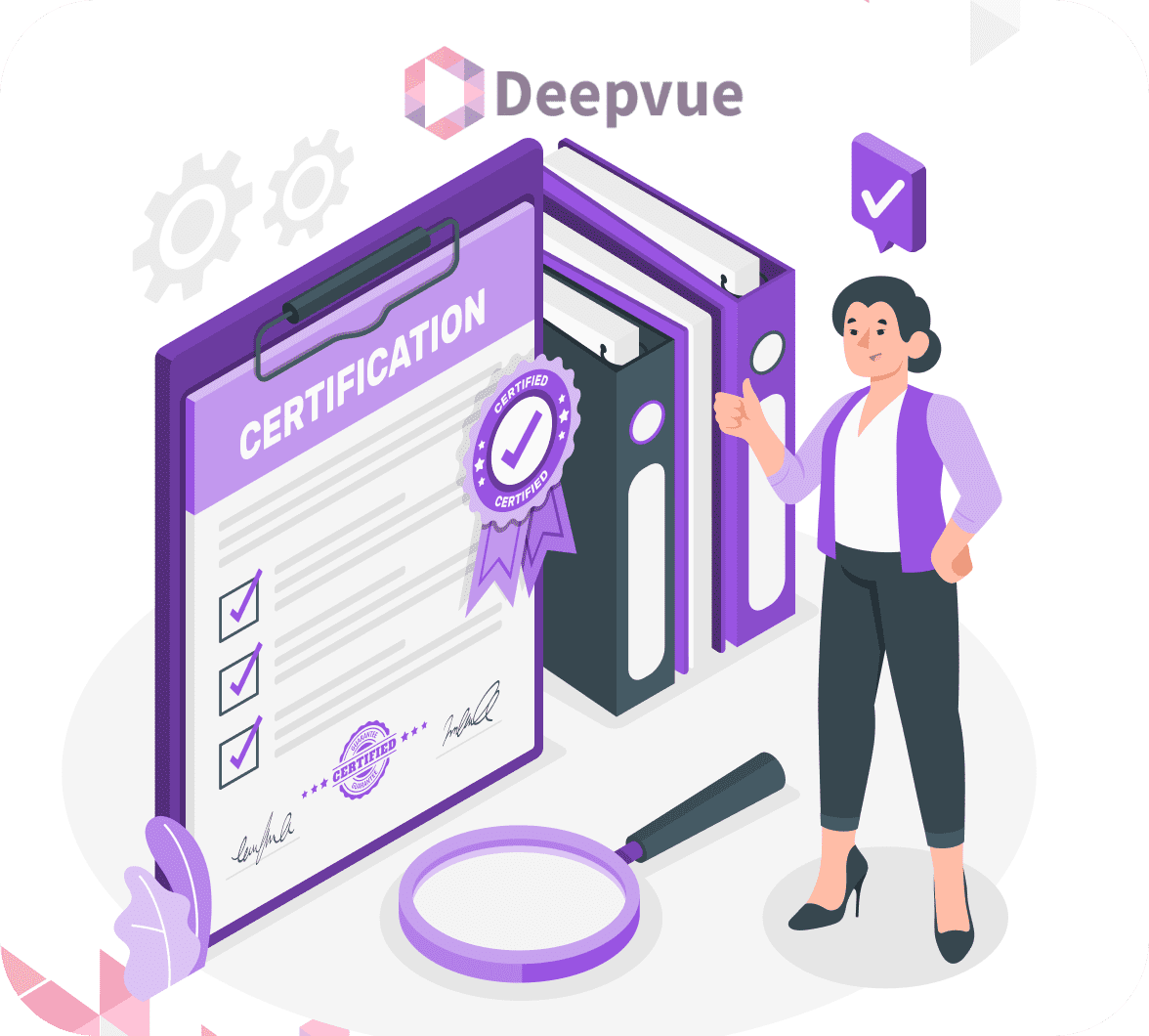 Illustration of a woman beside a large certification document with checkmarks and a purple seal, highlighting "Marksheet Verification." A magnifying glass and binders are in the background. Text reads "Deepvue.