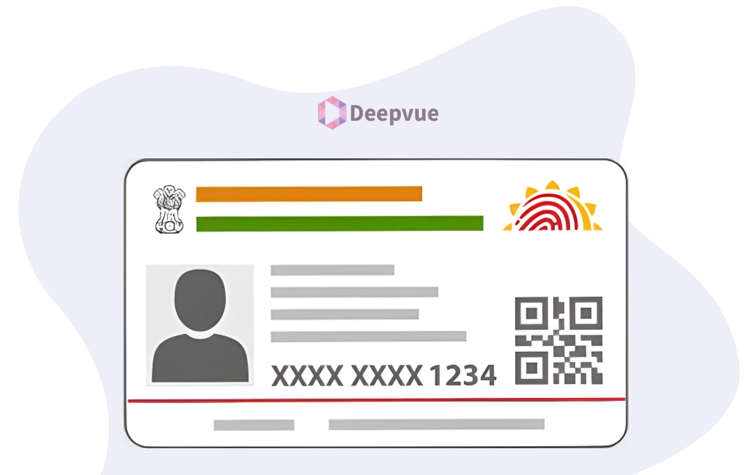 Illustration of an ID card with a silhouette photo, colored lines, a QR code, and partial number "XXXX XXXX 1234." Top shows the logo "Deepvue.
